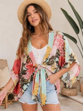 American Rag Floral Boho Kimono Wrap Top M/L